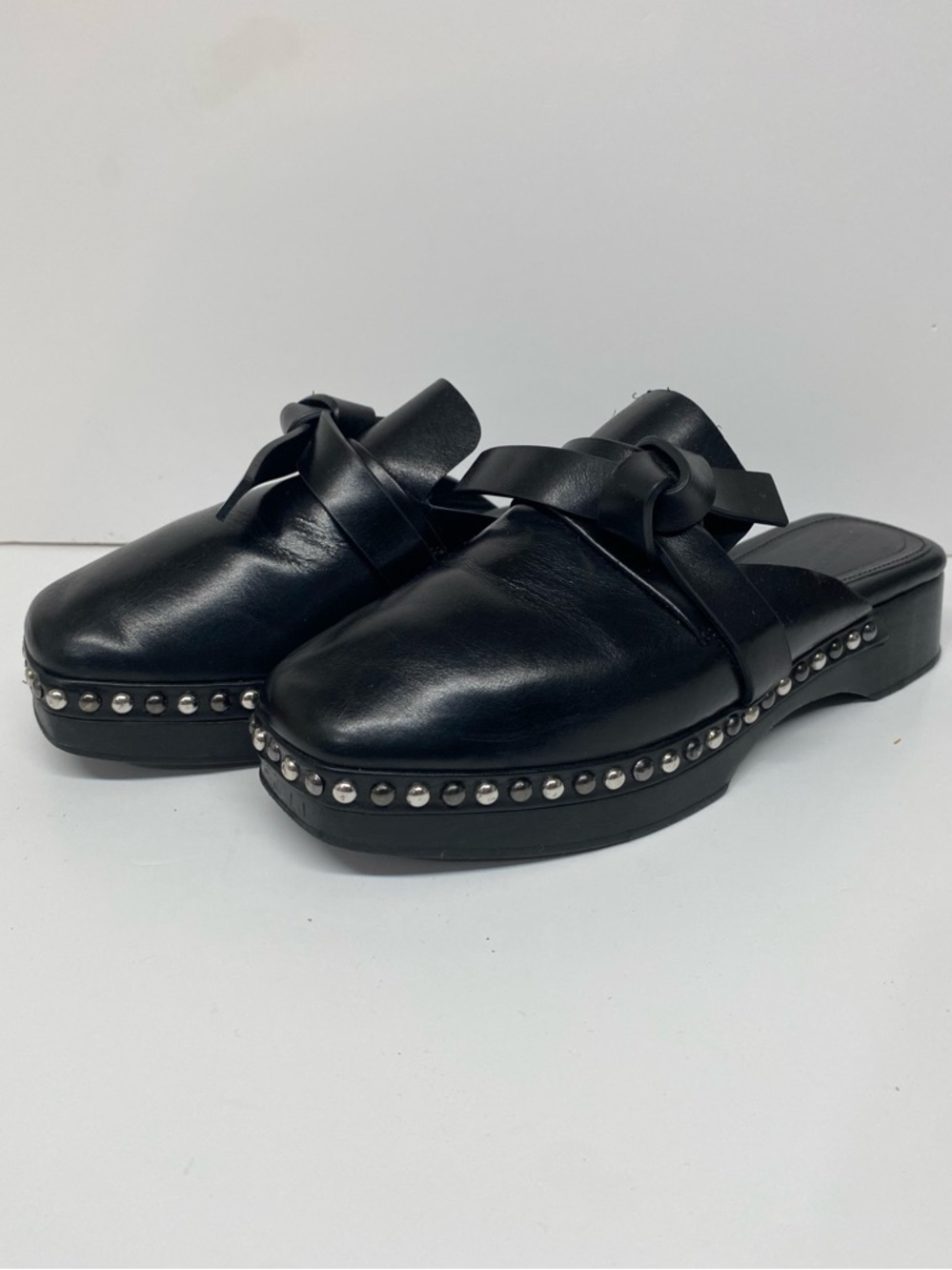 Dorothee Schumacher Modern Ease Studded Wood Platform Mules Black Leather Size 6